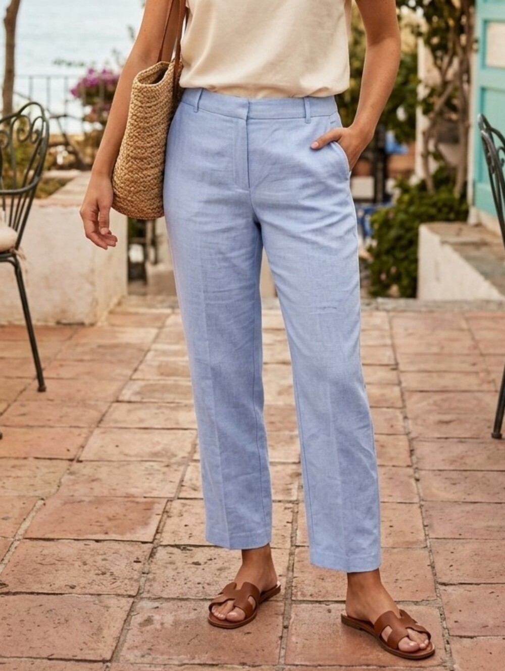 Rachel Zoe Linen Coastal Blue Ankle Pants Womens Size 6 Flowy Comfy Lightweight